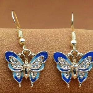 Glamorous Blue Enamel Butterfly Earrings with Sparkling Zircon - Chic NWT